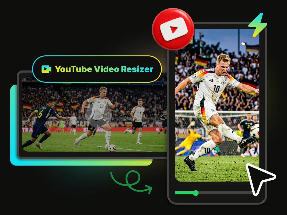 YouTube video resizer screen showing horizontal long-form video converted into mobile aspect ratios.